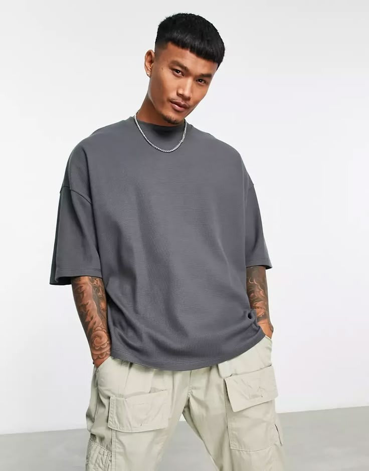 Grey Melange Plain Oversized T-Shirt